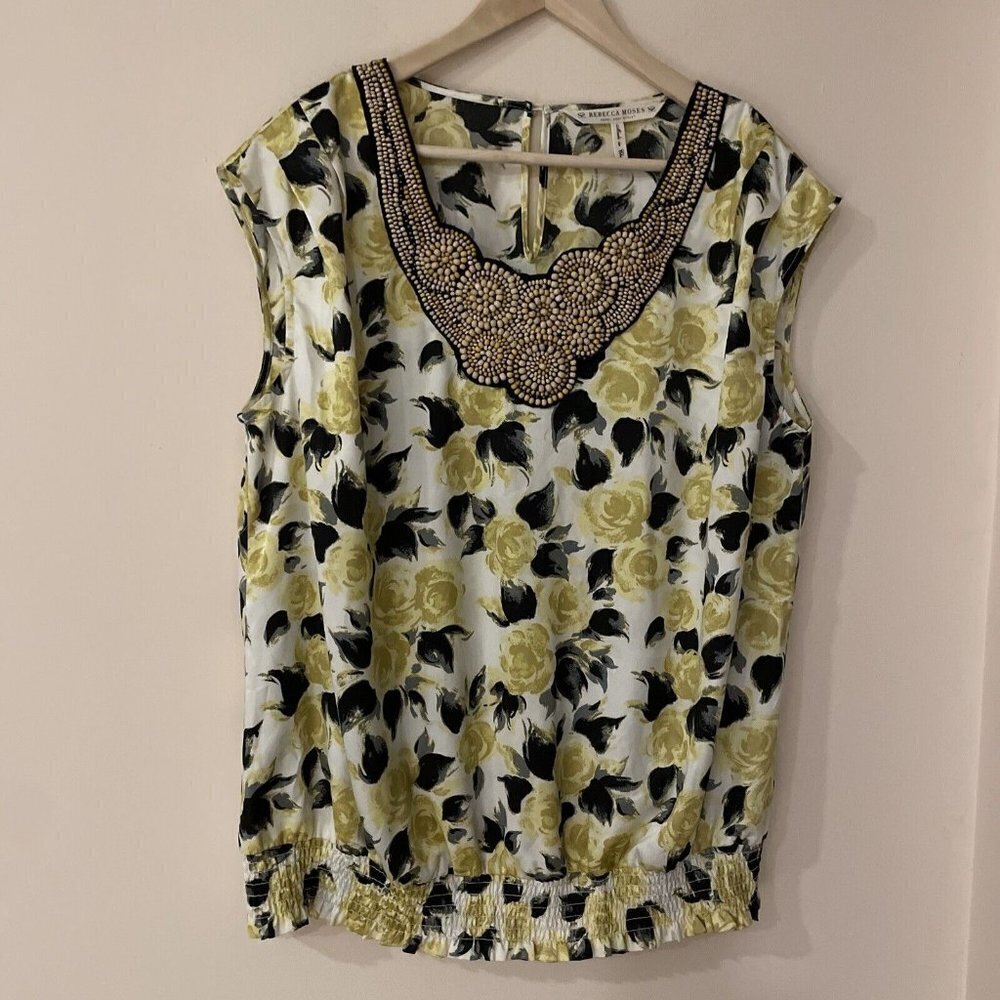 Rebecca Moses Beaded Top Women's Plus Size 1X Yellow Floral Stretch Embellished